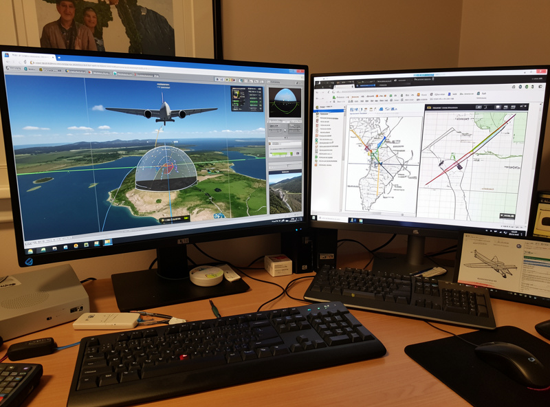 Desktop running a flight simulator alongside a moving-map chart app and a browser of aviation charts