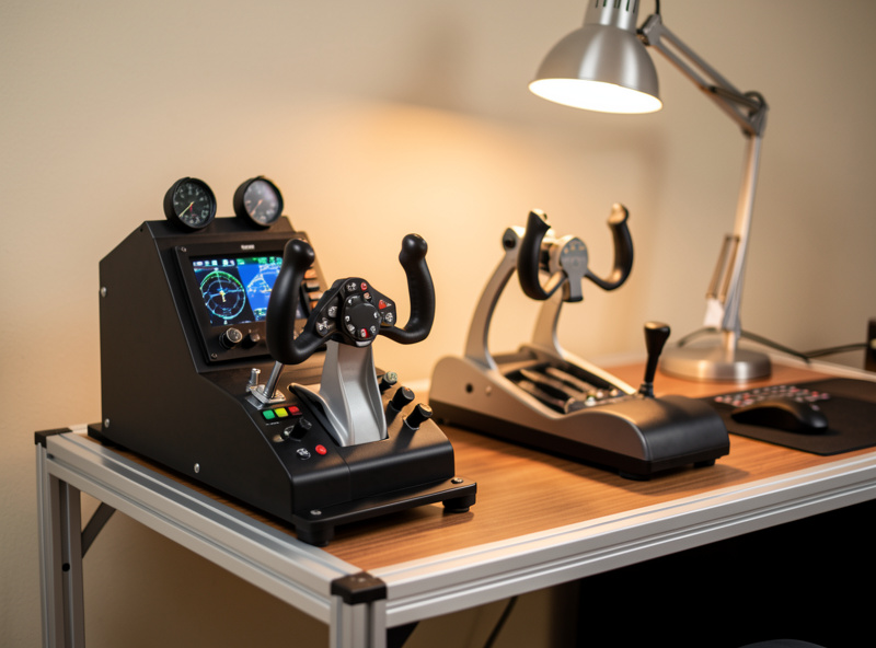Throttle quadrant mounted beside a yoke on a home flight sim desk with an aluminium profile frame