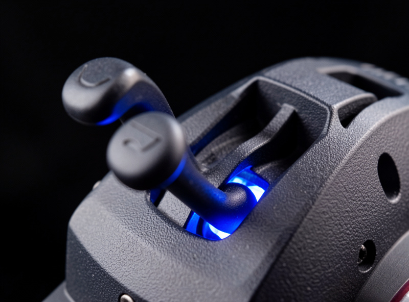 Close-up of throttle quadrant levers and a reverse-thrust detent gate with blue backlighting