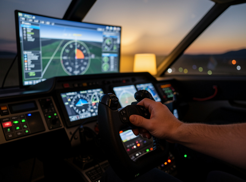 Hand on a throttle quadrant during a long flight sim session with a glass cockpit display in the background