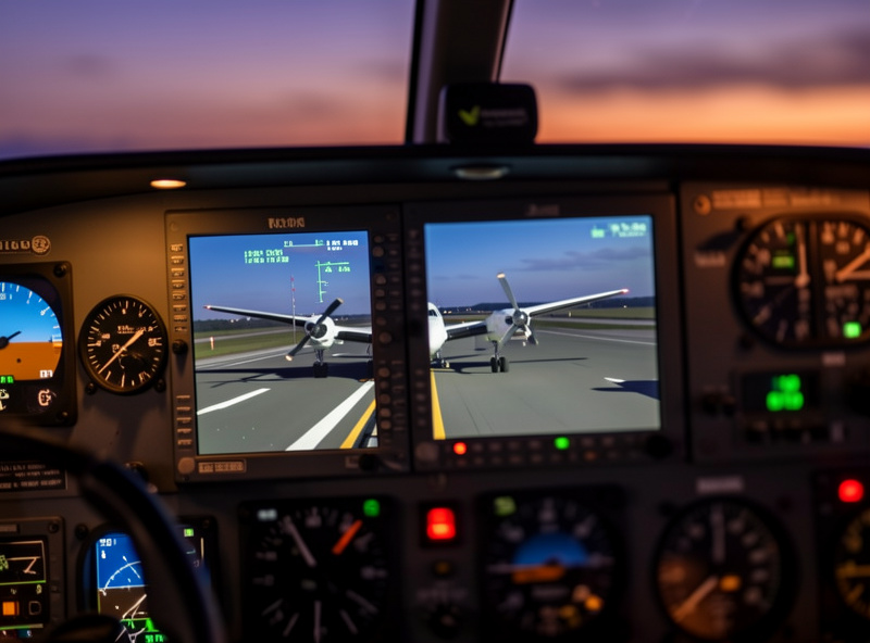 Flight sim monitor showing a twin-engine turboprop cockpit on approach with the throttle quadrant in the foreground