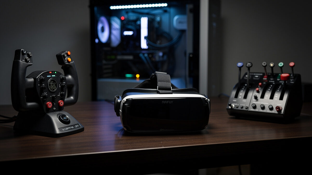 VR headset on a flight sim desk beside a yoke and throttle with a powerful PC behind