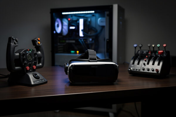 VR headset on a flight sim desk beside a yoke and throttle with a powerful PC behind