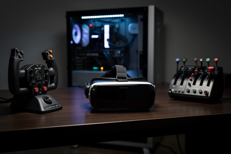 VR headset on a flight sim desk beside a yoke and throttle with a powerful PC behind