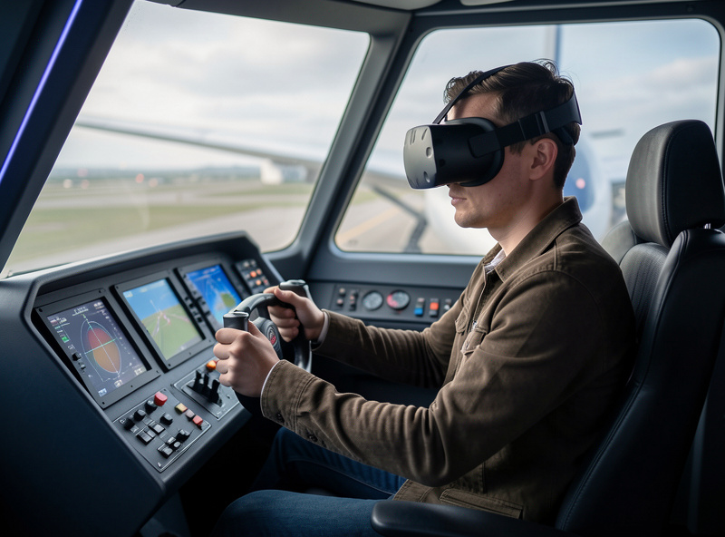 Person wearing a VR headset flying a simulator with hands on a yoke