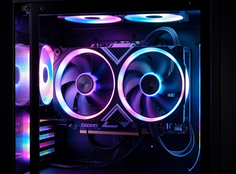 High-end triple-fan graphics card installed in a glass-panel PC case