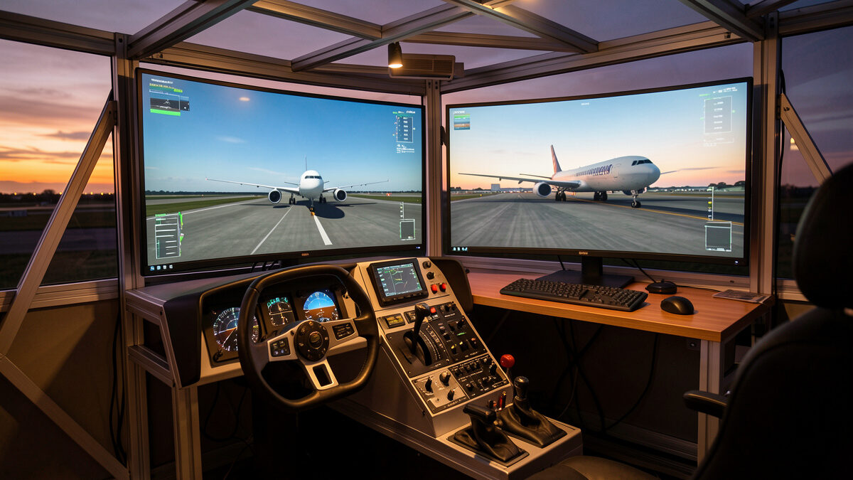X-Plane 12 and MSFS 2024 shown side by side on a home flight simulator deck