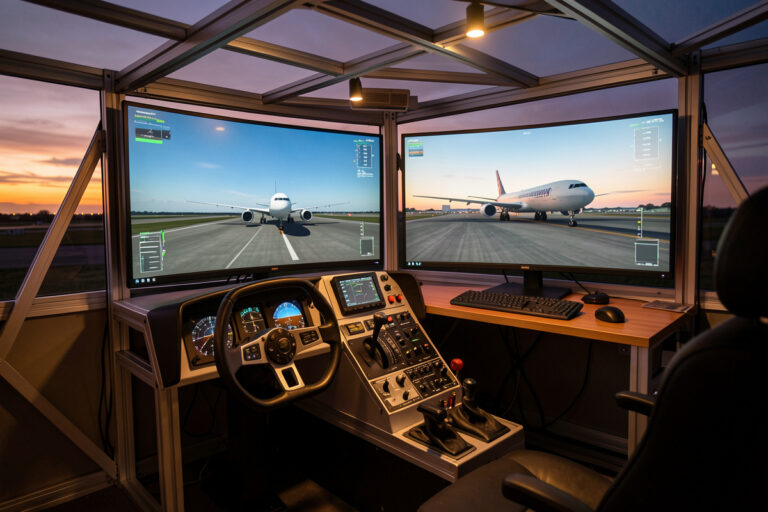 X-Plane 12 and MSFS 2024 shown side by side on a home flight simulator deck