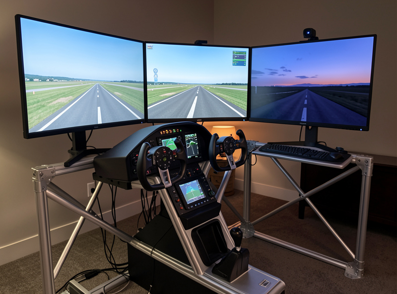 Home flight simulator cockpit on an aluminum profile rig with yoke, throttle quadrant, and triple monitors showing an approach