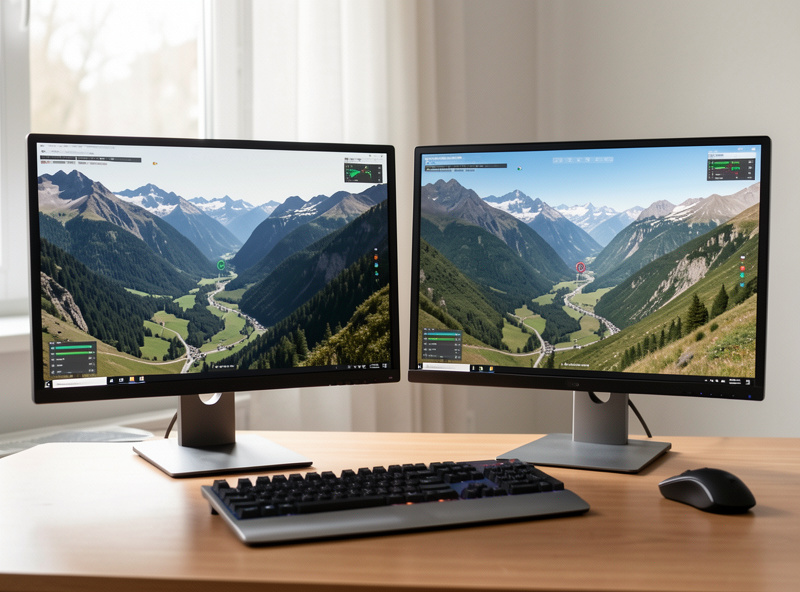 Two monitors side by side rendering the same mountain valley in two different flight simulators for comparison