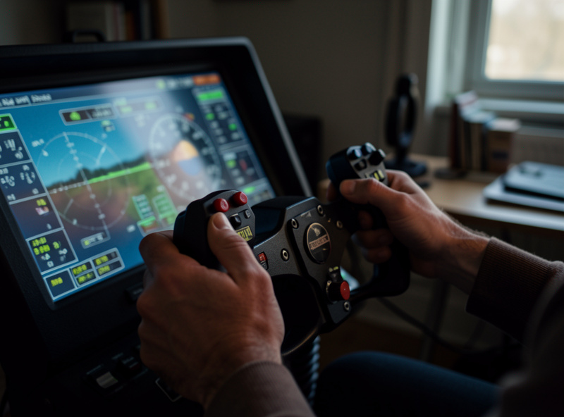 Sim pilot's hands on a flight simulator yoke and throttle with a glowing glass cockpit display reflected